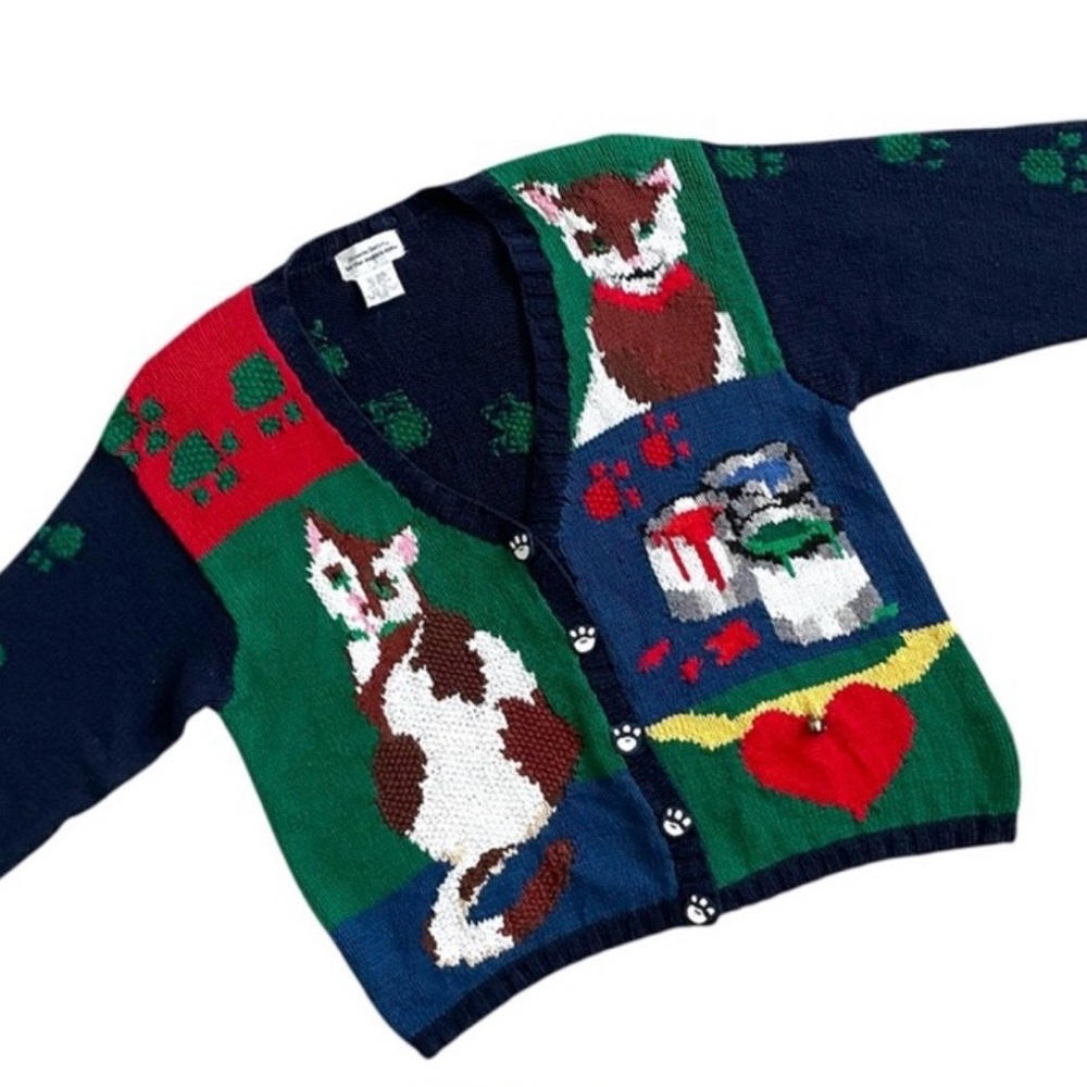 Vintage Alexandra Bartlett Cat Hand Knit Cardigan Rare 90s Novelty Kitschy 1X
